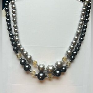Vintage Silver Tone Chunky Baroque Faux Pearl AB Crystal Multi Strand Necklace